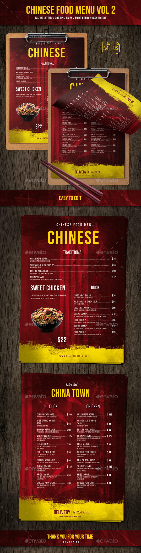  Chinese A4 & US Letter Single Page Food Menu Vol 2 