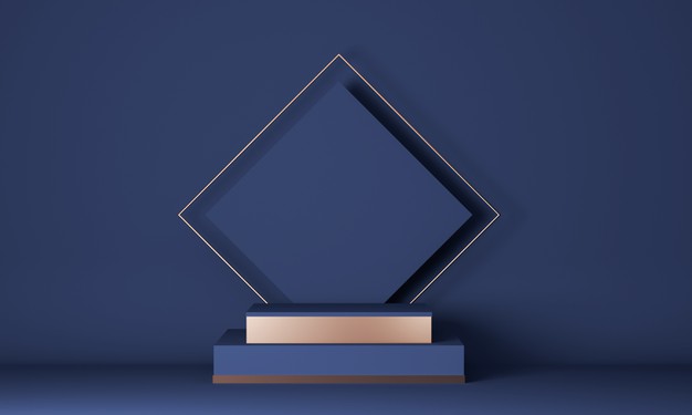 Minimal Scene With Geometrical Forms. Podiums In Navy Blue Background. Scene To Show Cosmetic Product, Showcase 