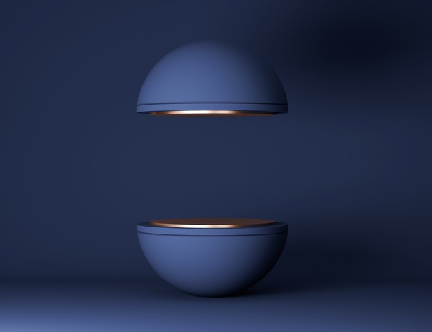 Minimal Scene With Geometric Forms. Sphere Podium In Blue Background. Scene To Show Cosmetic Product, Showcase, Shopfront, Display Case. 