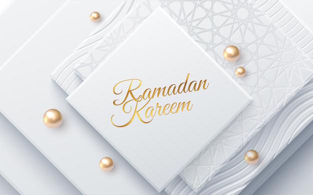 Ramadan Kareem Holiday Sign On White Geometric Shapes And Pearls 