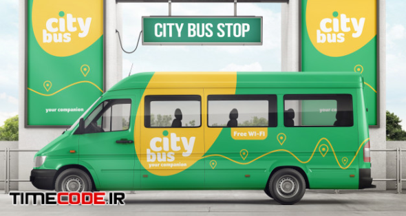 City Bus On Bus Stop Branding Mockup 