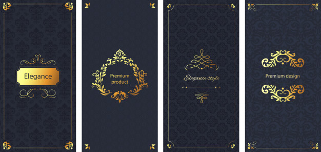 Elegant Invitation. Decorative Damask Ornament Pattern, Golden Frame And Baroque Ornate Luxury Brochure Background Set 