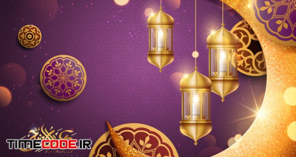 Eid Al Adha Calligraphy With Glimmer Golden Crescent And Lantern Elements , Purple Background 