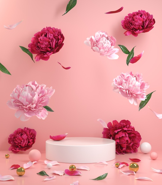 Mockup Empty White Podium With Floral Peonies Flower Pink 