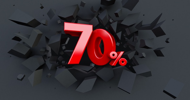 70 Seventy Percent Sale. Black Friday Idea. Up To 70%. Broken Black Wall With 70% In The Center 