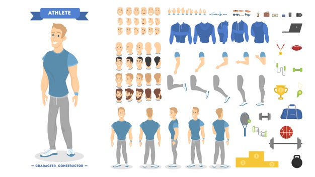 Athletic Man Character Set For Animation With Various Views, Hairstyles, Emotions, Poses And Gestures. School Equipment Set. Isolated Vector Illustration 