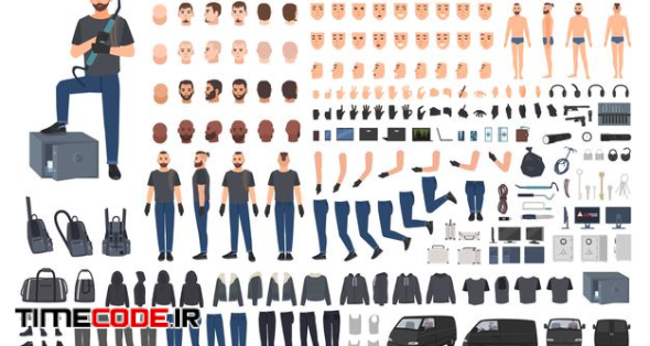 Cracksman, Burglar Or Safe Cracker Creation Set Or Diy Kit. Set Of Flat Male Cartoon Character Body Parts In Different Poses, Clothes And Accessories Isolated On White Background. 