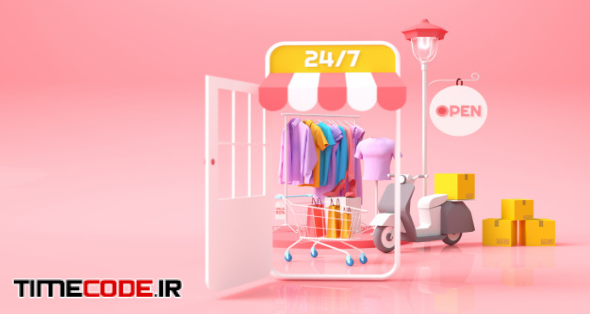 Online Shopping And Delivery Concept. Mobile Shop With Clothes With Shopping Cart And Parcels Box For Delivery Background. 3d Rendering Illustration. 