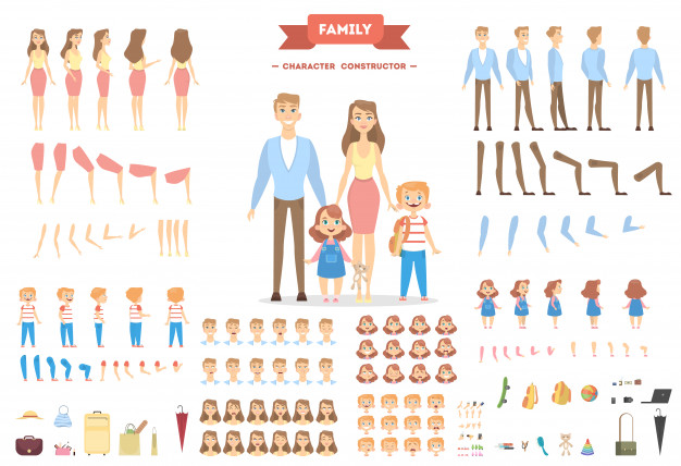 Family Characters Set. Parents And Children With Objects. 