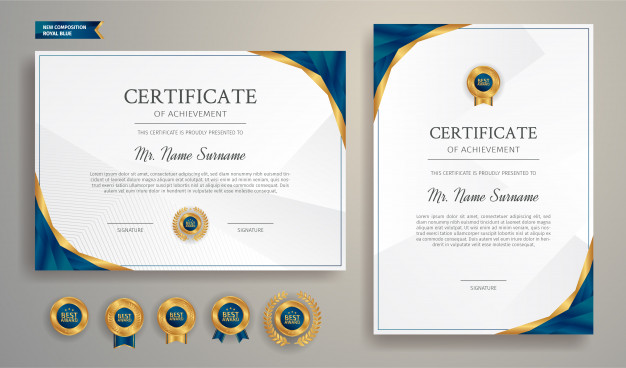 Blue And Gold Certificate Of Appreciation Border Template With Luxury Badges And Modern Line Pattern. For Award, Business, And Education Needs 