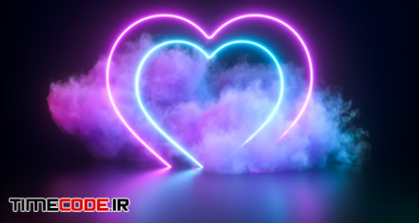 Abstract Glowing Neon Heart Shape And Cloud Background. 