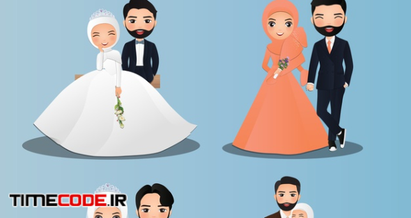 Set Of Characters Cute Muslim Bride And Groom.wedding Invitations Card. In Couple Cartoon In Love 