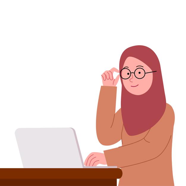 Young Hijab Woman Wearing Eyeglasses On Laptop Flat Illustration 
