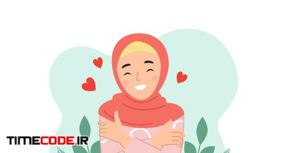 Cute Hijab Woman Hug Herself As A Symbol Of Self Care Or Love. High Self Esteem Concept. Flat Cartoon Style. 