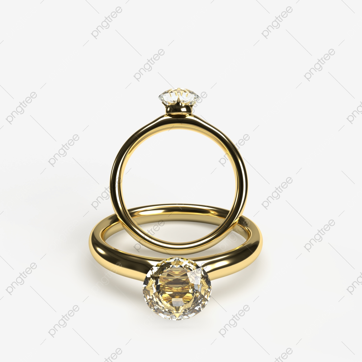 Two Golden Wedding Rings With Diamonds Isolated On Transparent Background