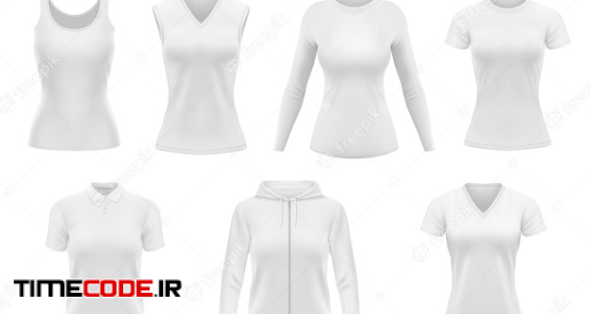 Women Clothes Tshirt, Hoodie And Polo Shirt With Singlet And Longsleeve Apparel . Realistic Female Garment, White Underwear Template. Blank Clothing , Outfit Objects Set 