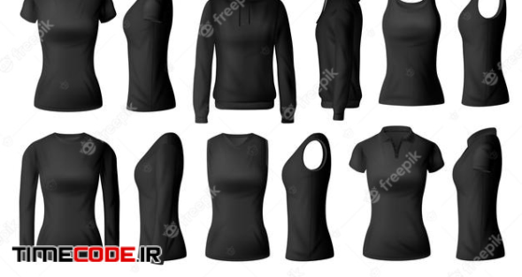 Women Clothes Isolated Black Tshirts Polo, Hoodie And Longsleeve Shirts With Singlet Apparel Mockup. Realistic 3d Female Garment, Underwear 