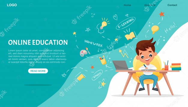 E-learning Concept Banner. Online Education. Cute School Boy Using Laptop. Study At Home With Hand-drawn Elements. Web Courses Or Tutorials, Software For Learning. Flat Cartoon Illustration 