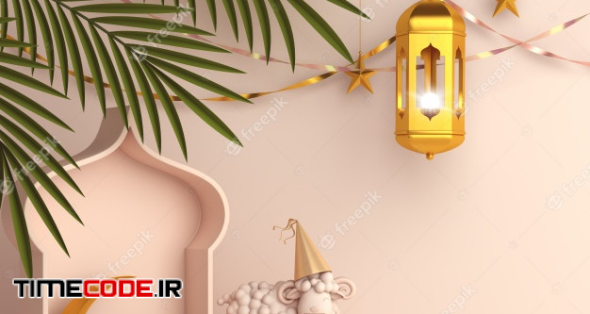 Eid Al Adha Mubarak Background With Palm Leaves Lantern Crescent And Sheep 