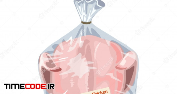 Whole Raw Chicken Is In Transparent Plastic Bag. Fresh Poultry Meat Is In Disposable Packing. Butchery, Farm Product With Food Label. Cartoon Illustration On White Background. 