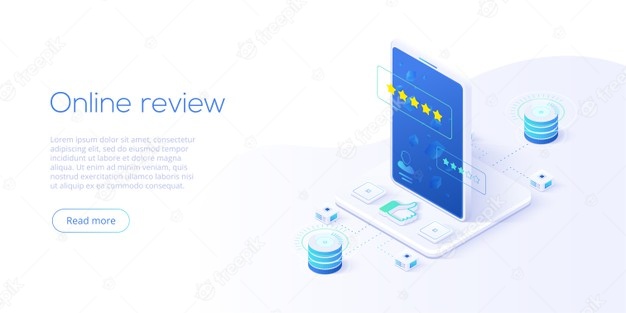 Online Review Concept In Isometric. Customer Survey Or Reputation Rating Via Mobile Internet On Smartphone. User Feedback Service On Product Or App. Web Banner Layout Template. 