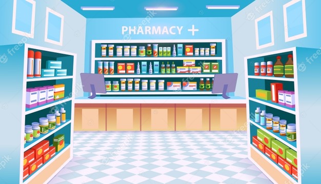 Pharmacy Interior With Shelves Of Pills. 