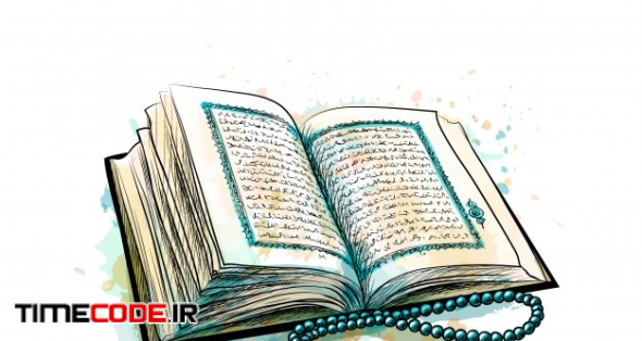 Holy Book Of Koran With Rosary From Splash Of Watercolors. Muslim Holiday, Eid Mubarak, Eid Al-fitr, Ramadan Kareem. Hand Drawn Sketch 