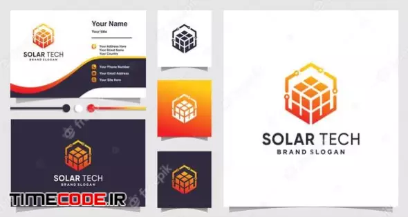 Solar Tech Logo With Creative Cube Concept And Business Card Design 