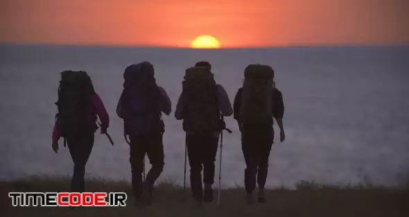 The four travelers walking to the sea shore on sunset background