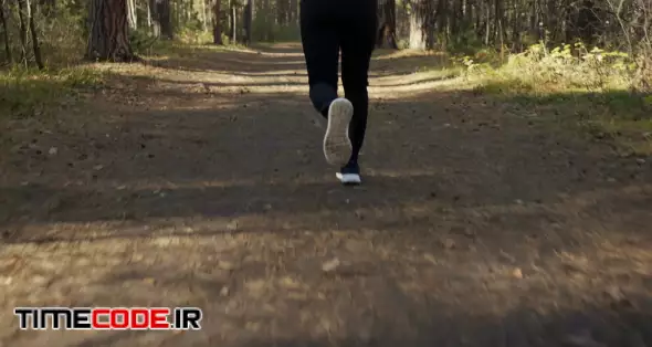Young fit African American male jogging on a forest road.
