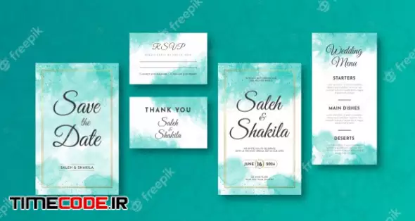 Wedding Invitation Card And Menu With Elegant Watercolor Smooth Abstract Style Golden Frame Wreath Template Layout. Set Of Turquoise Color Wedding Invitation Card. 