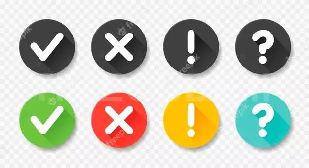Collection Round Buttons With Sign Done, Error, Question Mark, Exclamation Point. Illustrations. Set Black And Colorful Badges For Website And Mobile Apps Isolated On White. 