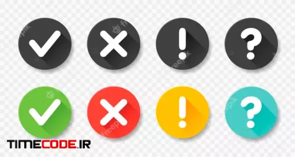 Collection Round Buttons With Sign Done, Error, Question Mark, Exclamation Point. Illustrations. Set Black And Colorful Badges For Website And Mobile Apps Isolated On White. 