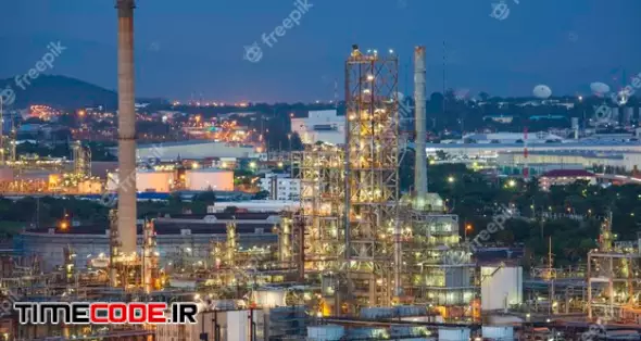 Scene Of Refinery Plant And Tower Column Of Eveningâ Sunset Petrochemistry Industry In Construction Site. 