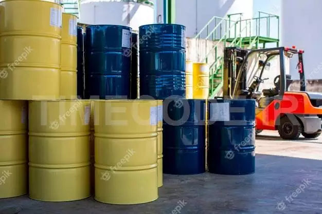Oil Barrels Blue Or Chemical Drums Vertical Stacked Up Industry Forklift Truck Move For On The Transportation 
