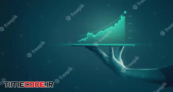 Businessman Holding Tablet And Showing Holographic Graphs And Stock Market Statistics Gain Profits. 