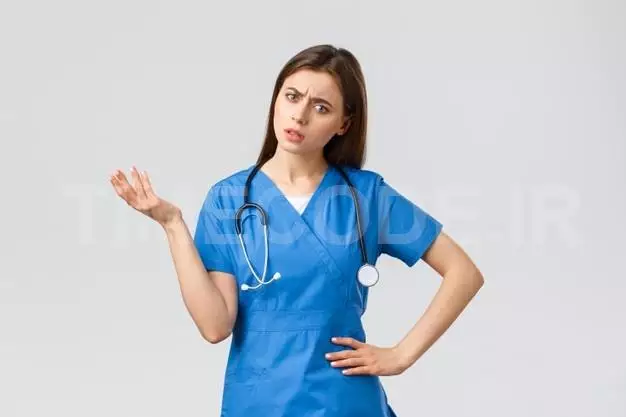 Healthcare Workers, Prevent Virus, Insurance And Medicine Concept. Confused And Puzzled Female Nurse, Doctor In Scrubs With Stethoscope, Shrugging And Lift Hand, Stare Indecisive, Cant Understand Free Photo