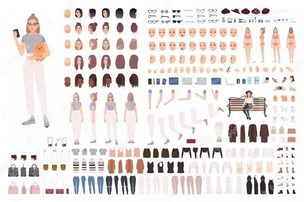 Stylish Young Woman Animation Set Or Constructor Kit. Collection Of Body Parts, Gestures, Trendy Clothes And Accessories. 