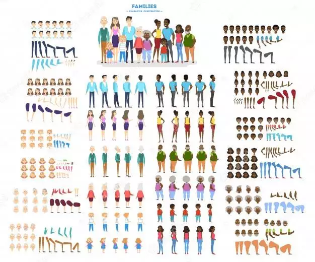Big Family Character Set For The Animation With Various Views 