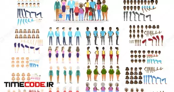 Big Family Character Set For The Animation With Various Views 