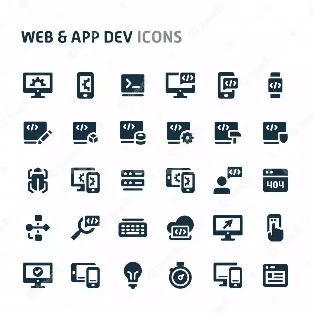 Website And Application Development Icon Set. Fillio Black Icon Series. 