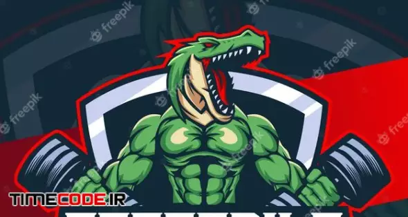 Crocodile Fitness Mascot Character Design With Muscle Badge And Barbell 