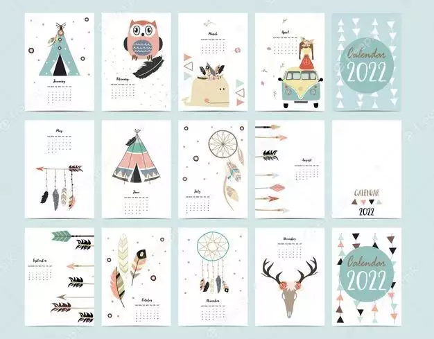 2022 Table Calendar Week Start On Sunday With Boho Feather That Use For Vertical Digital And Printable A4 A5 Size 