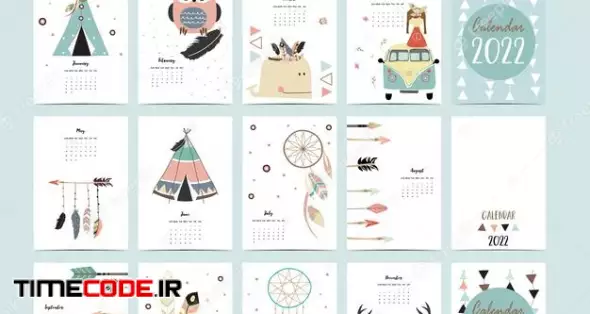 2022 Table Calendar Week Start On Sunday With Boho Feather That Use For Vertical Digital And Printable A4 A5 Size 