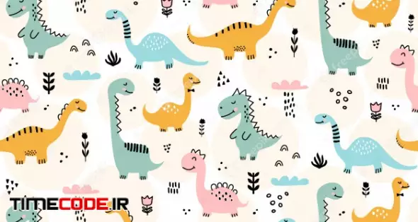 Cute Dinosaur Pattern - Hand Drawn Childish Dinosaur Seamless Pattern Design 