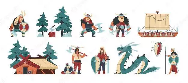 Vikings. Cartoon Barbarian Characters With Steel And Leather Weapon And Armor, Scandinavian Funny Illustration. Vector History Isolated Character Barbarians Flat Set 