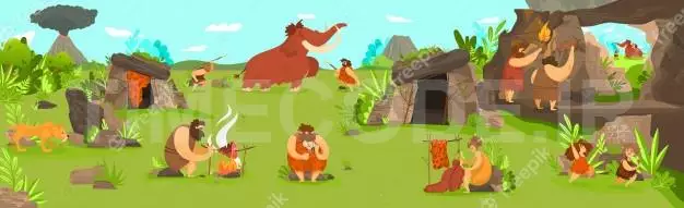 Prehistoric People Life In Primitive Tribe Settlement, Men Hunting Mammoth And Children Playing, Illustration 