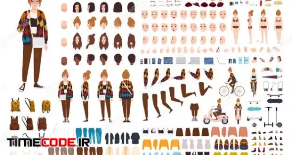 Young Hipster Girl Animation Set, Generator Or Diy Kit. 