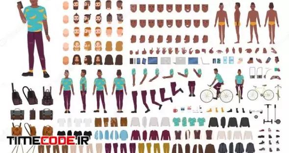Hipster Guy Animation Kit. African American Man Dressed In Trendy Clothes. Collection Of Male Flat Cartoon Character Body Parts In Various Postures Isolated On White Background. 