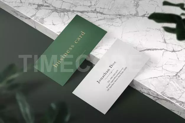 Clean Minimal Business Card Mockup On Marble Plate With Leaves Free Psd